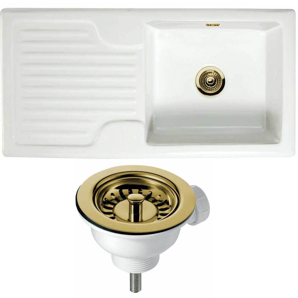 Astini Rustique 100 1.0 Bowl White Ceramic Kitchen Sink & Gold Waste eBay