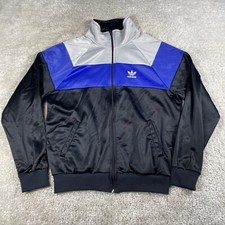 Vtg Adidas Jacket Men Large Trefoil USA Made Black Blue White Fleece Lined Track