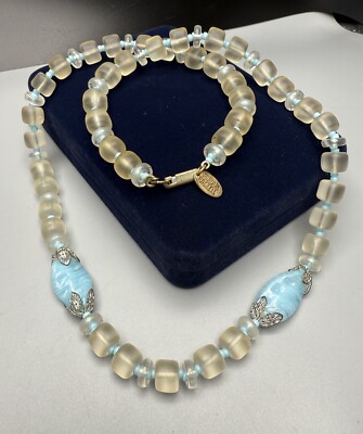 Miriam Haskell Signed Unusual Blue Swirl & Frosted Glass Beaded Necklace 24  VTG