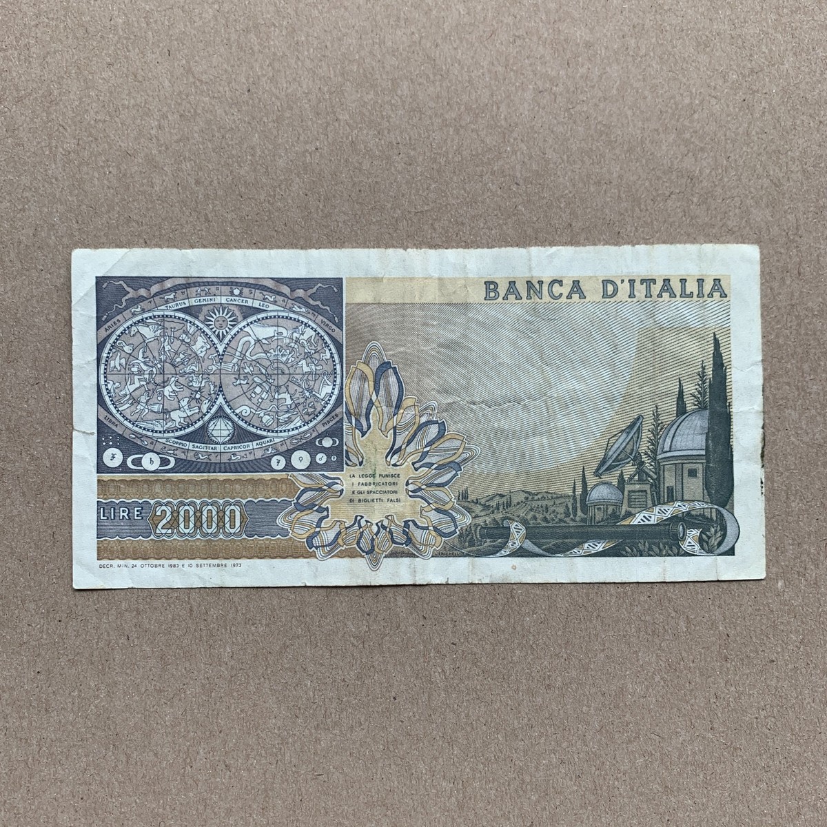 Galileo Galilei Banknote Italy 2000 Lire 1973 Italian Currency