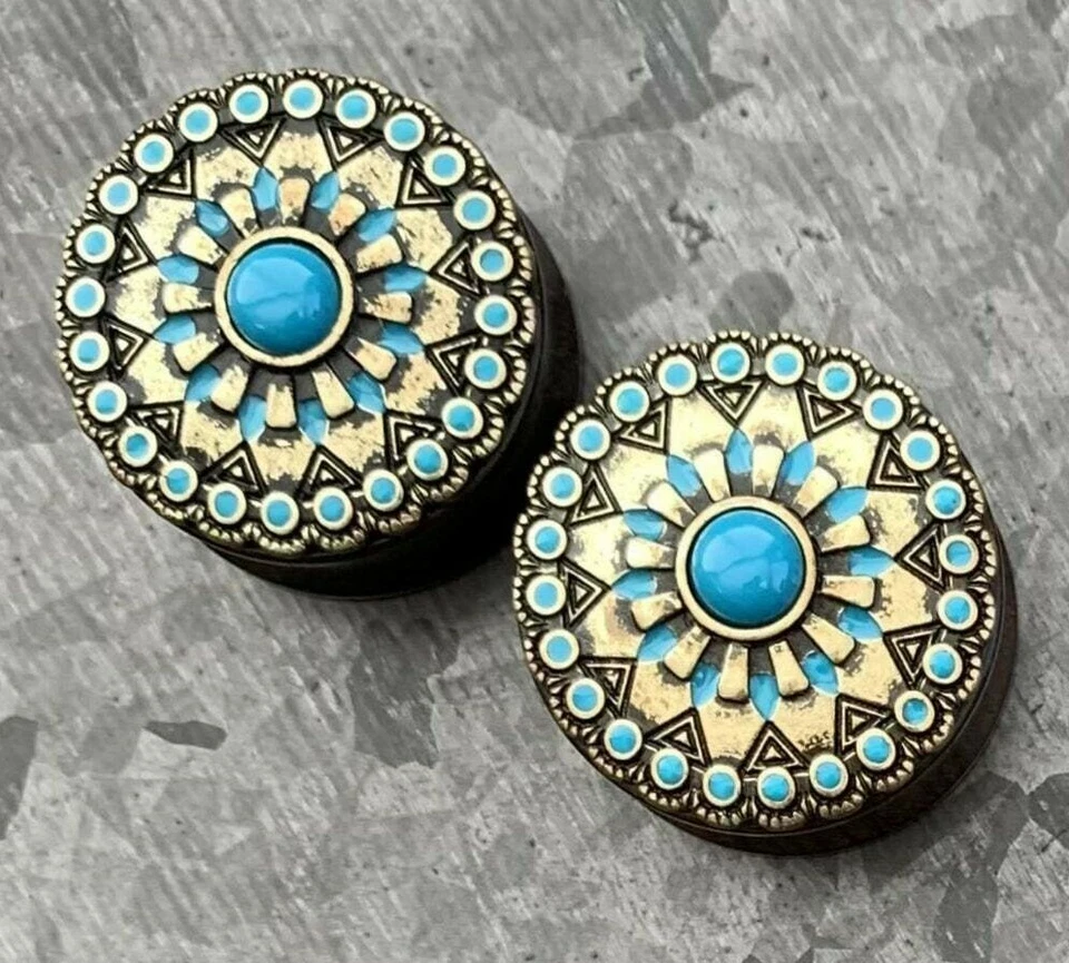 一对绿松石珐琅古董黄金部落太阳乌木塞耳环仪表 — 第 3/4 张图片