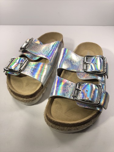 J/Slides Women Sandal Holographic Straps Cork Platform Size 5 SKU#4501