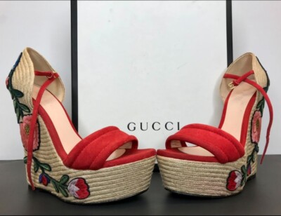 Gucci Platform Wedge Embroidered Floral  Women Size US 8.5 New Authentic RARE