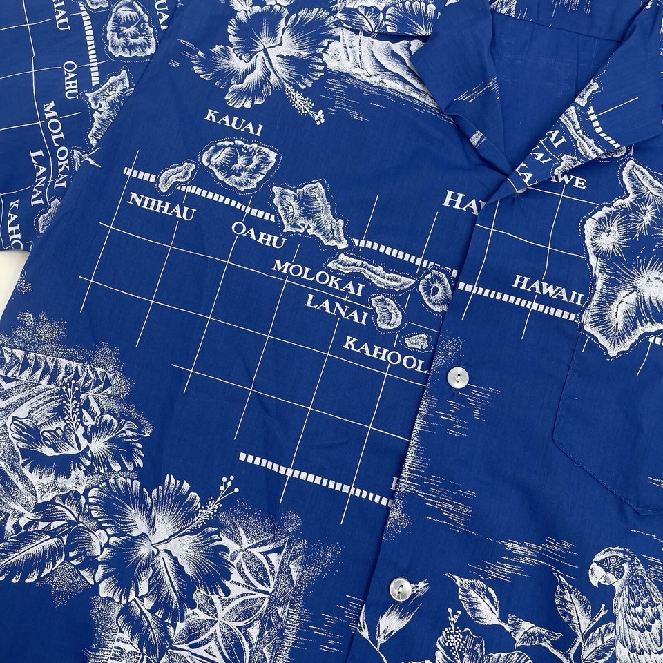 Howie Short Sleeve Hawaiian Shirt Size XL Maps Islands Blue Made in