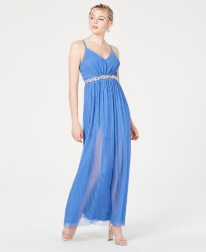 BCX Juniors Pleated Glitter Mesh Gown Color Periwinkle Size 9 - Afbeelding 1 van 3