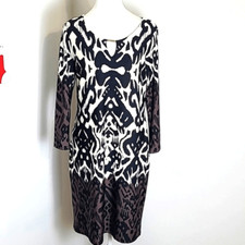 JBS Knee-Length Jersey Shift Dress, Black, White & Brown Print,  Size Small