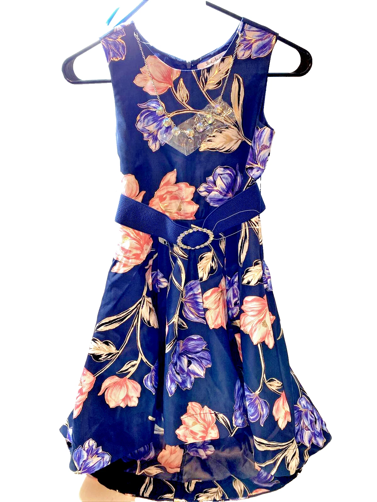 Love, Jayne Sleeveless Girls Dress Navy Floral Belt Necklace High Low Skirt Sz 8