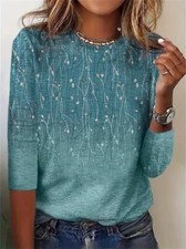 Fashion Women Blue Floral Botanical Print Round Neck T-Shirt Casual Long Sleeve