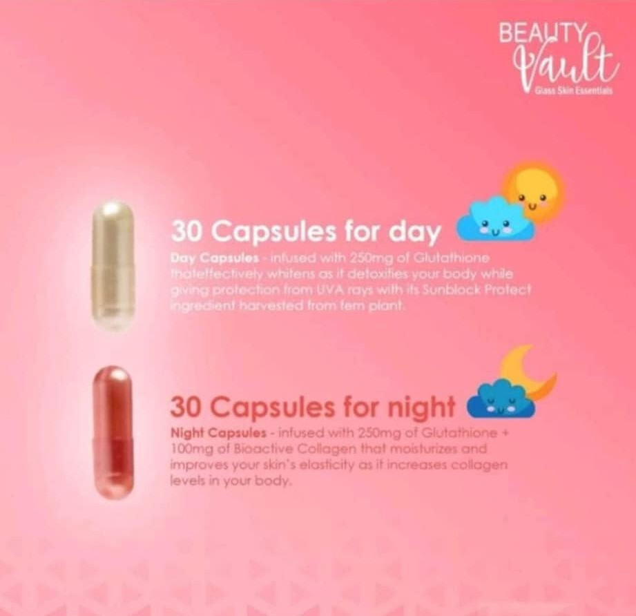 2 X Beauty Vault LUMI 24H Glutathione 60 Caps Day and Night DHL