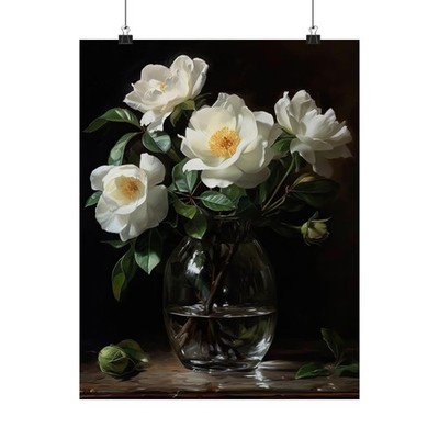 White Camellia Flower Art Print Poster, Flower Painting, Flower Décor