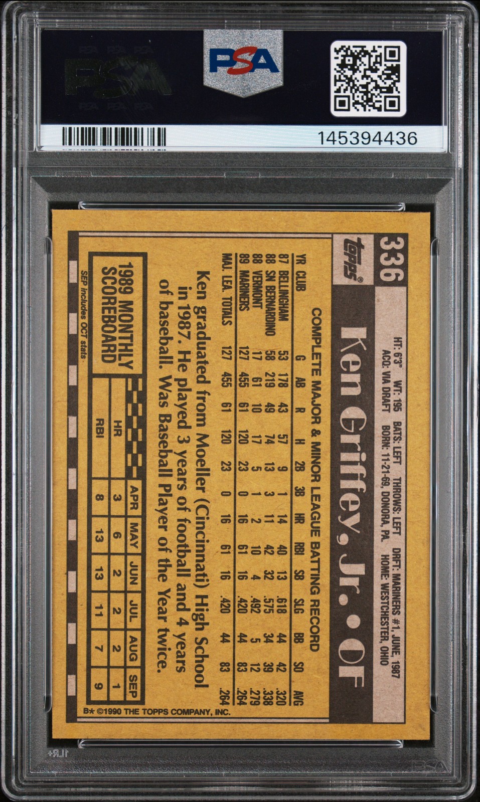 1990 Topps #336 Ken Griffey Jr. - PSA 8 view 2