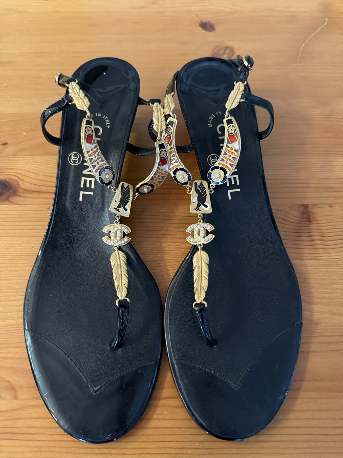 Vintage CHANEL Black Gold Jeweled Eagle Pearl Heeled Sandals Size 41