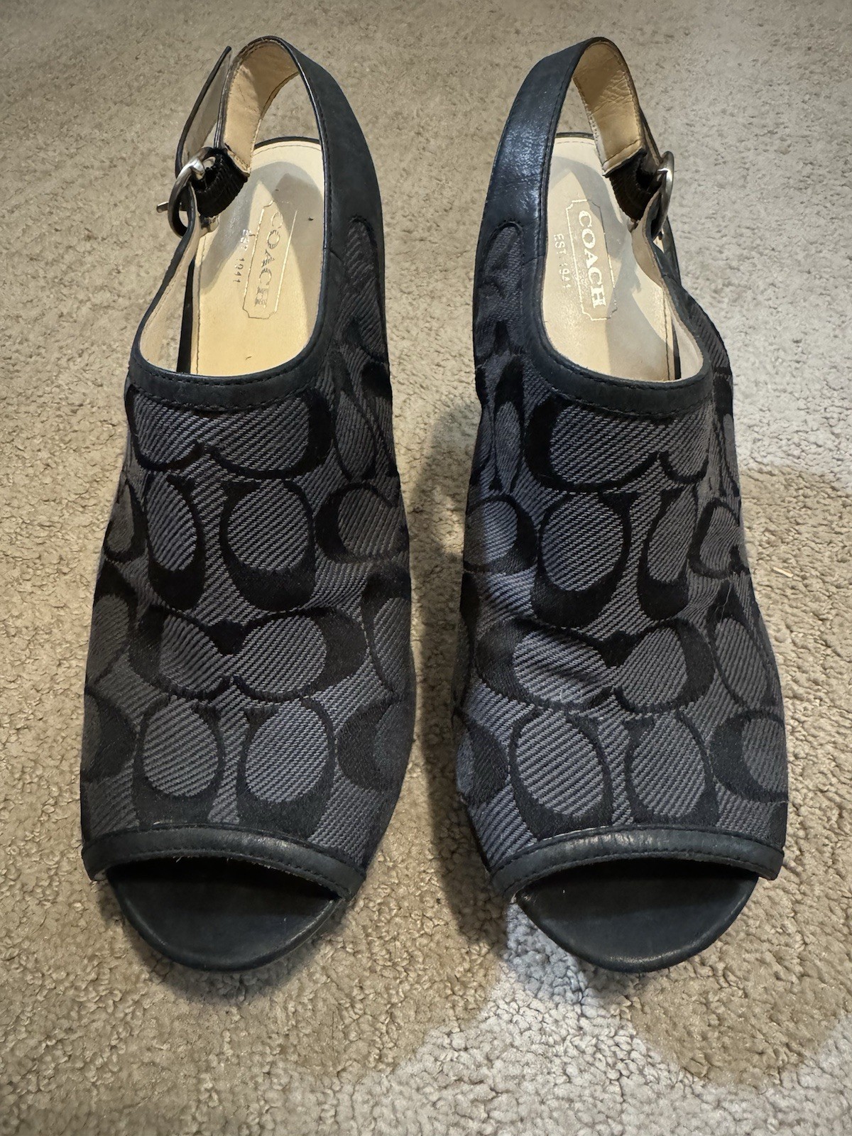 Coach Graphite Black Signature Fabric Janet Wedge Peep Toe Platform 6.5B