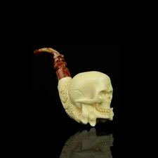 Skull In Skeleton Hand New Block Meerschaum Handmade  Fitted Case#1337