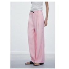 Zara Pink Pleated High Waist Wide Leg Trouser Pants Size S NWOT