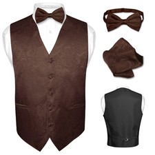 Men's Dress VEST Bow Tie BROWN Color PAISLEY Design Suit Tuxedo BowTie Hanky Set