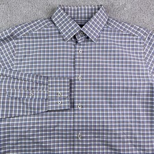 David Donahue Shirt Mens 16 - 34 Grey Blue Checkered Trim Fit Cotton Button Up