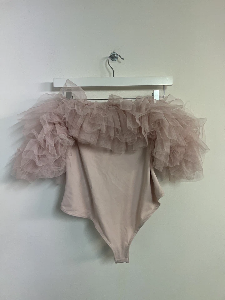 Free People Big Love Tulle Bodysuit Dusty Pink Ruffle Sleeve Size Medium - Image 2 of 4