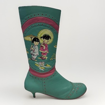 Irregular Choice Whimsical Mint Pink Storybook Asian Scene Kitten Heel Boots 7