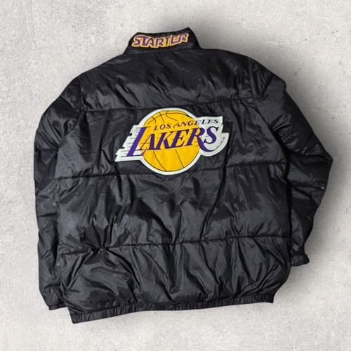 VTG STARTER Los Angeles NBA Lakers Puffer Zip Jacket Black Embroidered XL *FLAW - Image 1