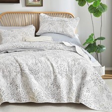 King Size Quilt Set, 3 Pieces White Floral Bedspread Coverlet Set, Botanical ...