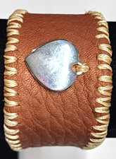 Handmade Brown Genuine Leather Silver Tone Heart Cuff Bracelet Boho Love Artisan