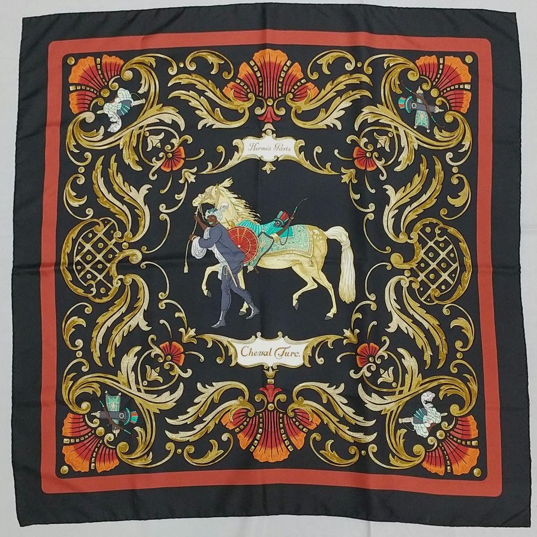 HERMES Cheval Turc Silk Scarf 90cm Black Red Gold Authentic Genuine Rare