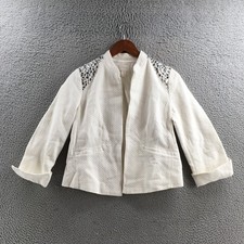 Chico  s Jacket Womens 0 Ivory Embellished Shoulder Cotton Open Front 3/4 Sleeve
