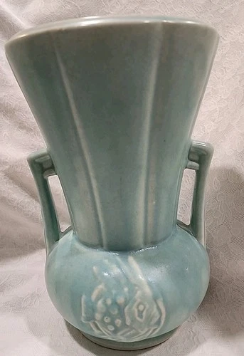 MCM 1946 McCoy Pottery Aqua Blue Angel Fish Double Handle 10" Vase