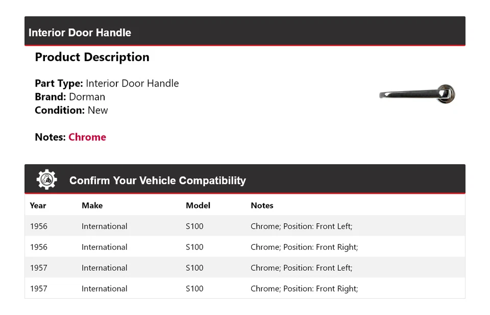 Manija de puerta interior para International S100 Dorman 1956-1957 Foto 2 de 4