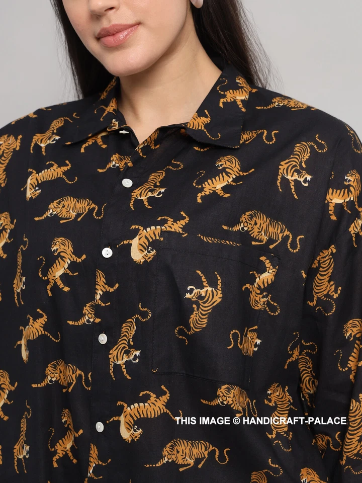 Donna Nero Leopardo Cotone Camicia Estiva Larga con Bottoni Manica Corta Top - Immagine 4 di 4