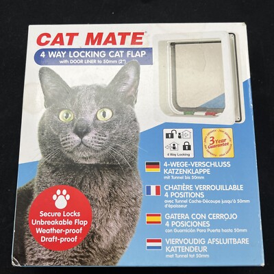 New In Box Cat Mate Way Locking Cat Flap With Door Liner, White