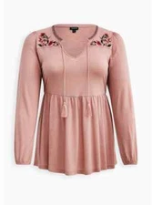 Torrid Balloon Sleeve Pink Babydoll Embroidered V Neck Top Sz 5 5X 28 #A50545