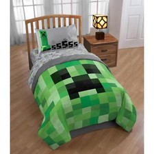 Twin Bedding Set Minecraft 4-Piece Kids Microfiber Green Grey Comforter Sheets