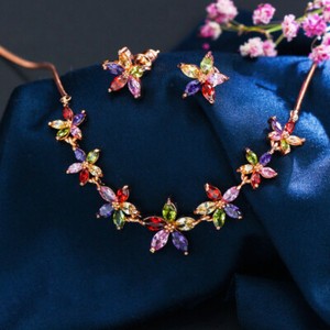Authentic Fancy Multicolor Rose Gold Plated Flower Earrings Pendant Necklace Jewelry Set