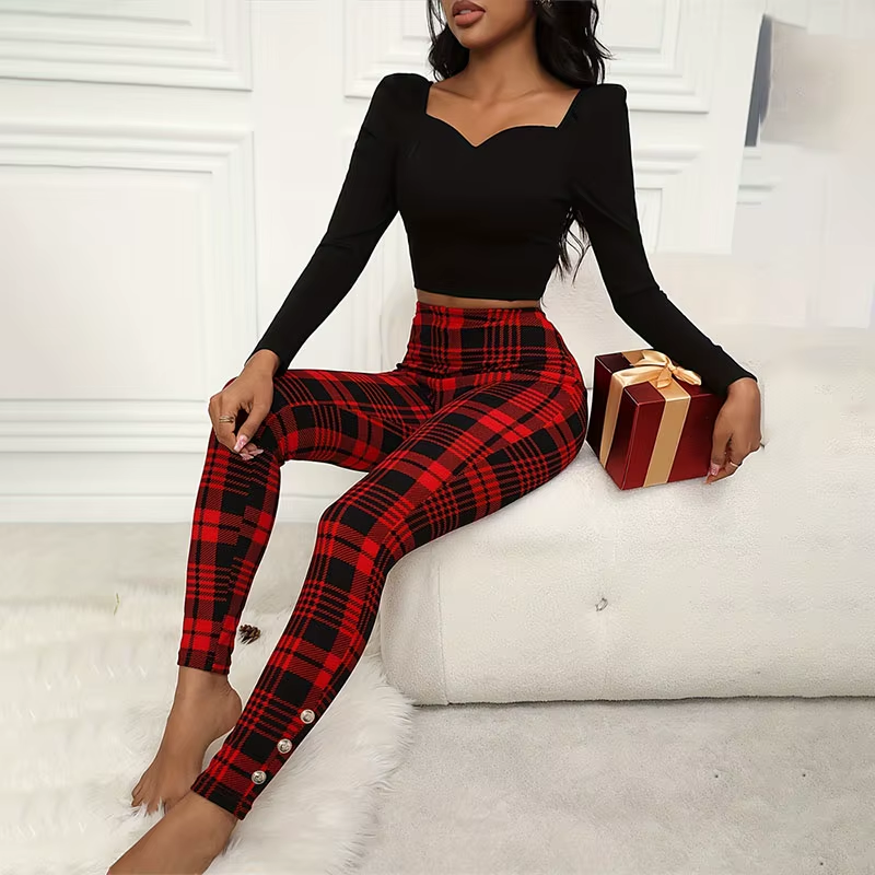 S-XXL Plaid Pattern Print Pants Fashion Christmas Holiday Casual Wear For  Women