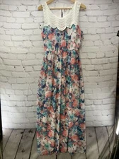 AUW Sundress Womens Sz L Floral Print Maxi Lace Long 