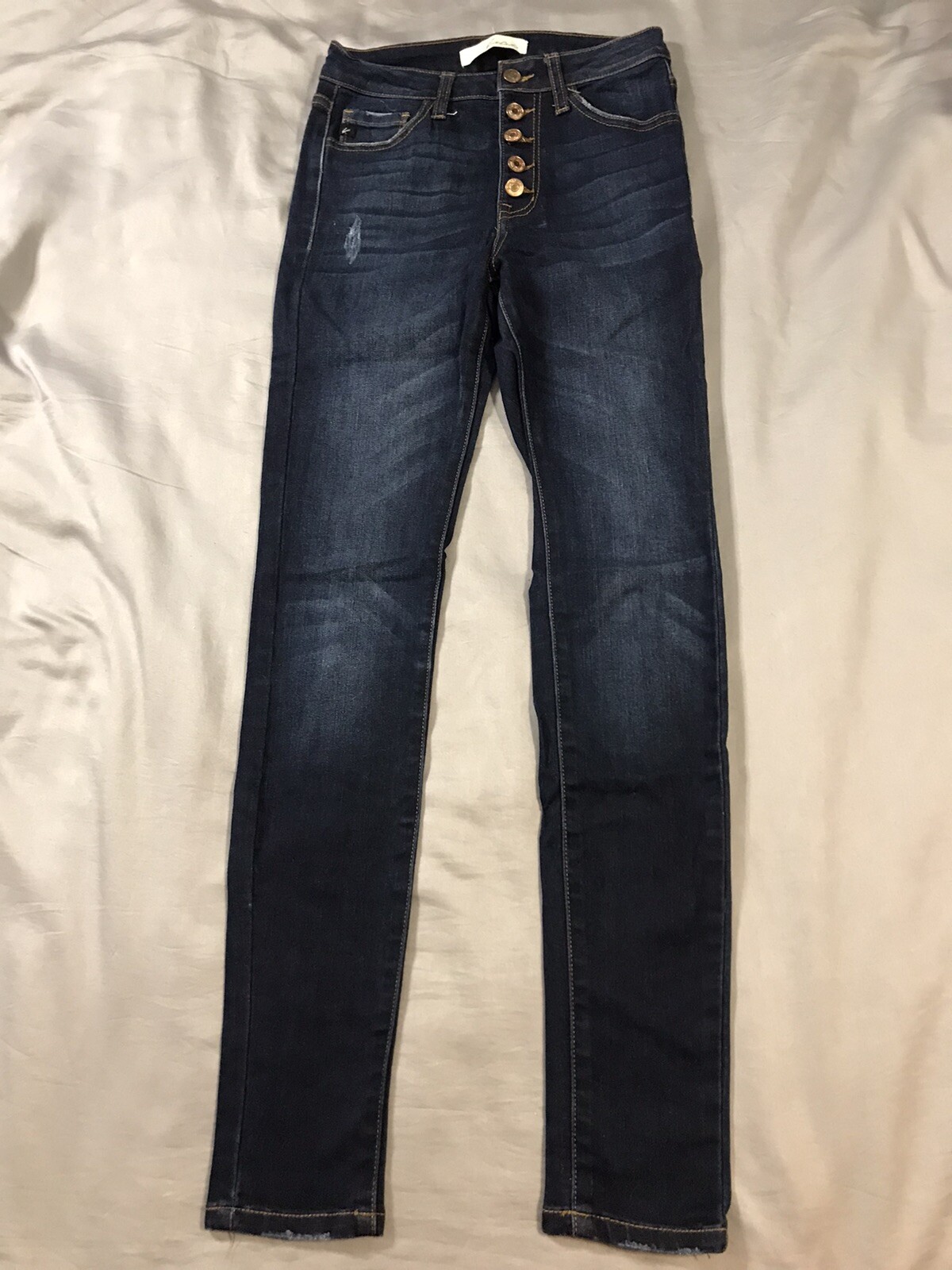 Kancan Jeans Womens 24 Blue Denim High Rise Button Fly Skinny Stretch Distressed
