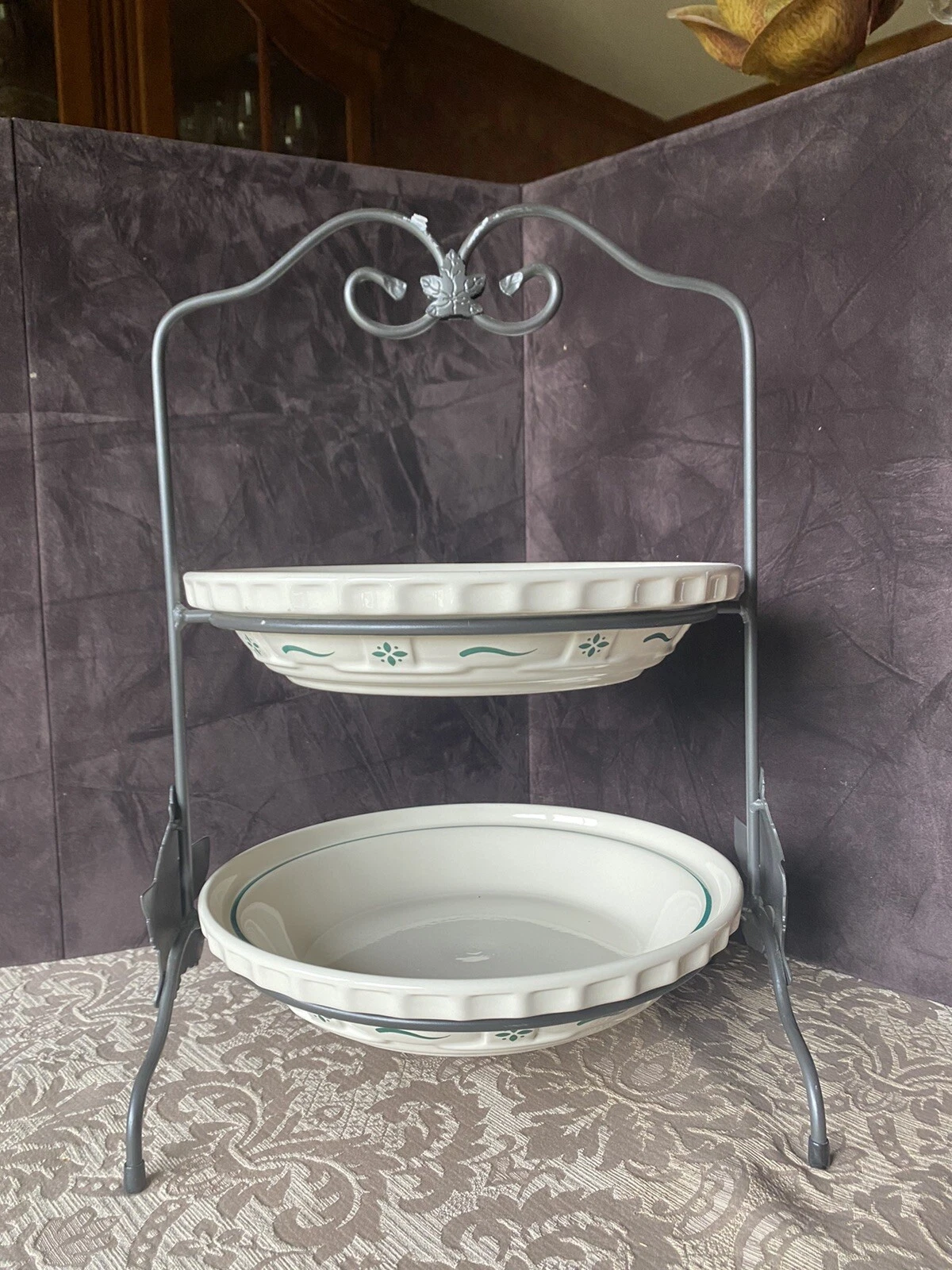 LONGABERGER Wrought Iron 2 Pie Server Stand w/ 2 WOVEN TRADITIONS 10” Pie Dishes