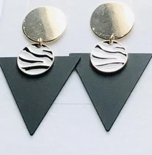 Stunning Deluxe Black Gold Abstract Art Deco Retro Style Statement Drop Earrings