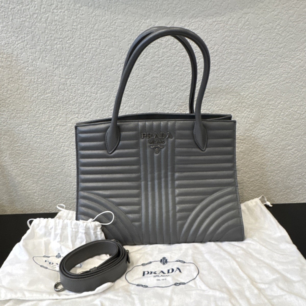 Prada Convertible Open Tote Diagramme Quilted Leather Medium gray