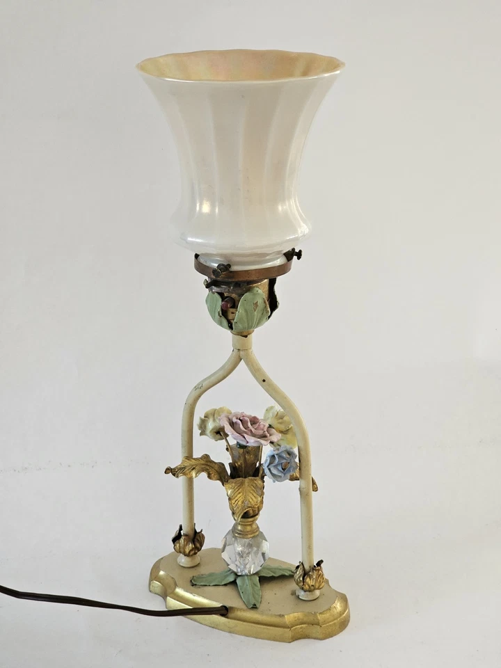 Antique 1940's Steuben Aurene Iridescent Lamp With Italian Enameled Floral Base - Image 2 of 4