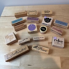 17 Wood Rubber Stamp Lot Of Sayings: Congrats Peace Believe Birthday Hello