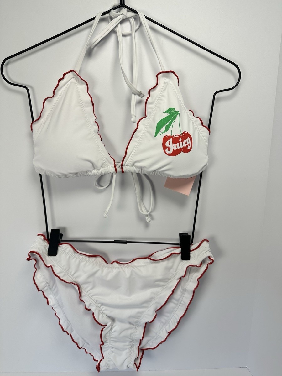 Juicy Couture Bikini Set Large White Cherry Logo Ruffle Trim 2PC