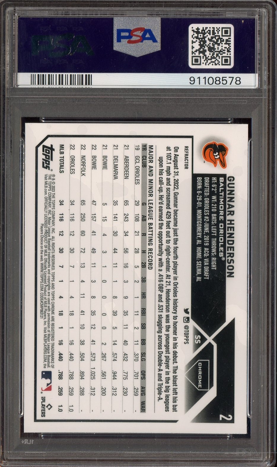 2023 Topps Chrome Refractor #2 Gunnar Henderson Orioles RC Rookie PSA 10 view 2