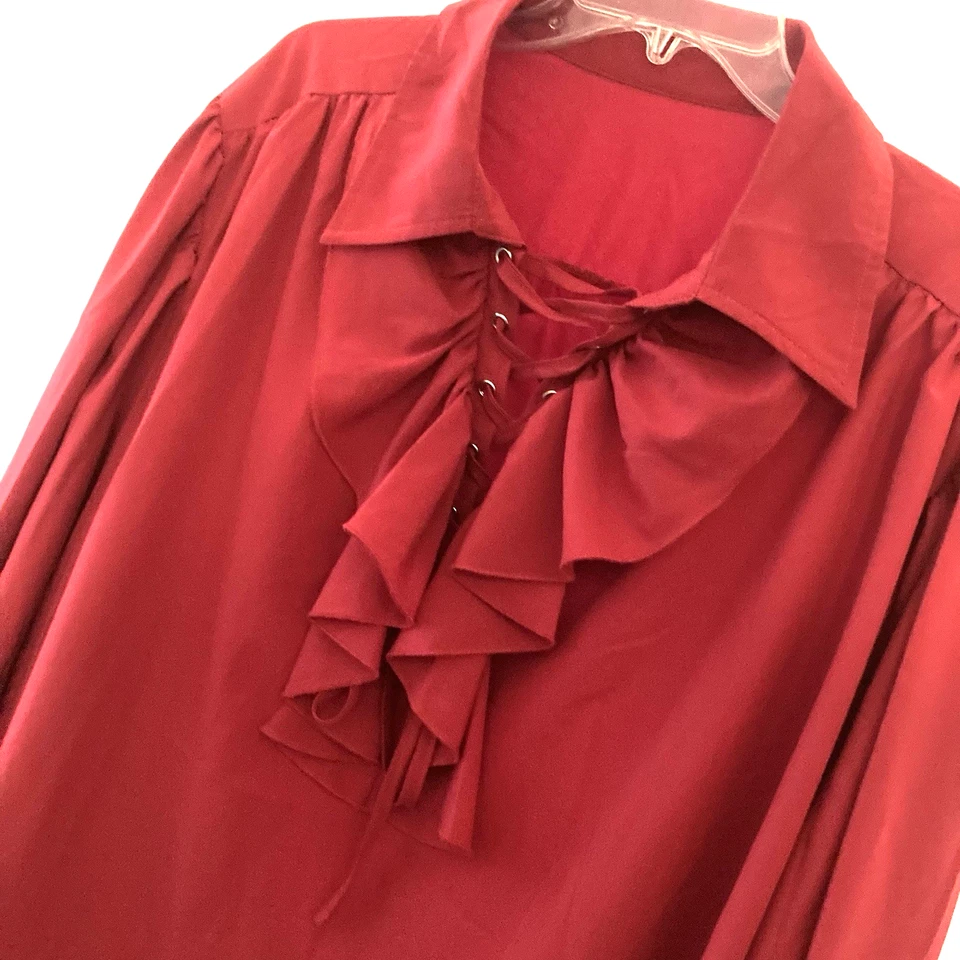 Medieval Renaissance Mens Pirate Shirt XXL Red Ruffle Lace Up Neck - Image 2 of 4
