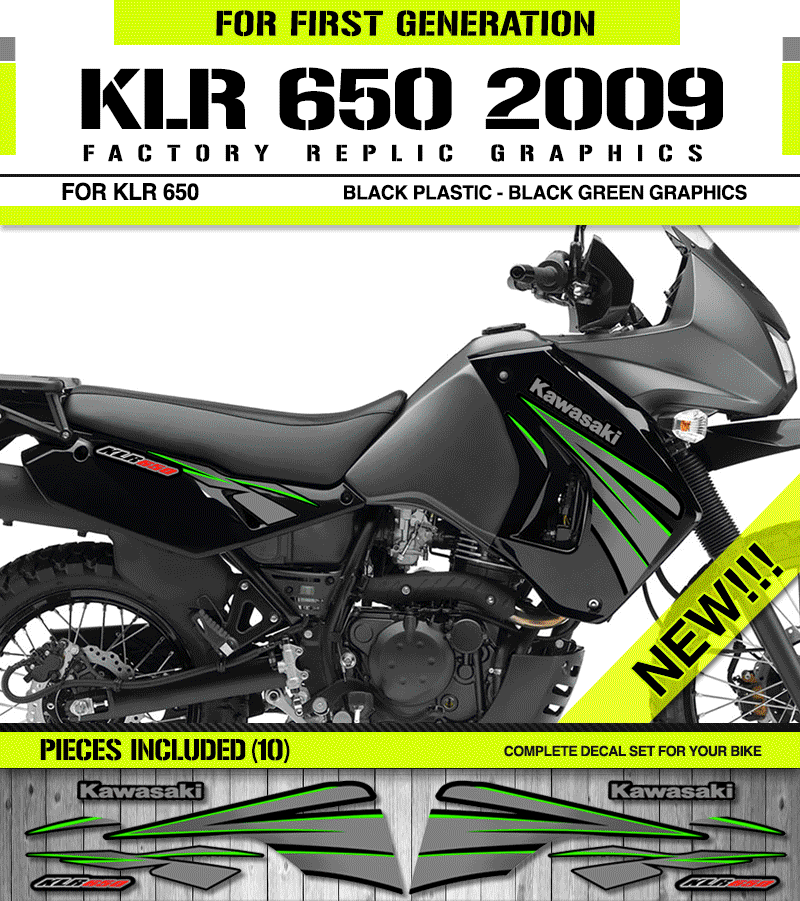 KAWASAKI KLR650 GRAPHICS KIT FACTORY 2009 BLACK GREEN RESTORATION