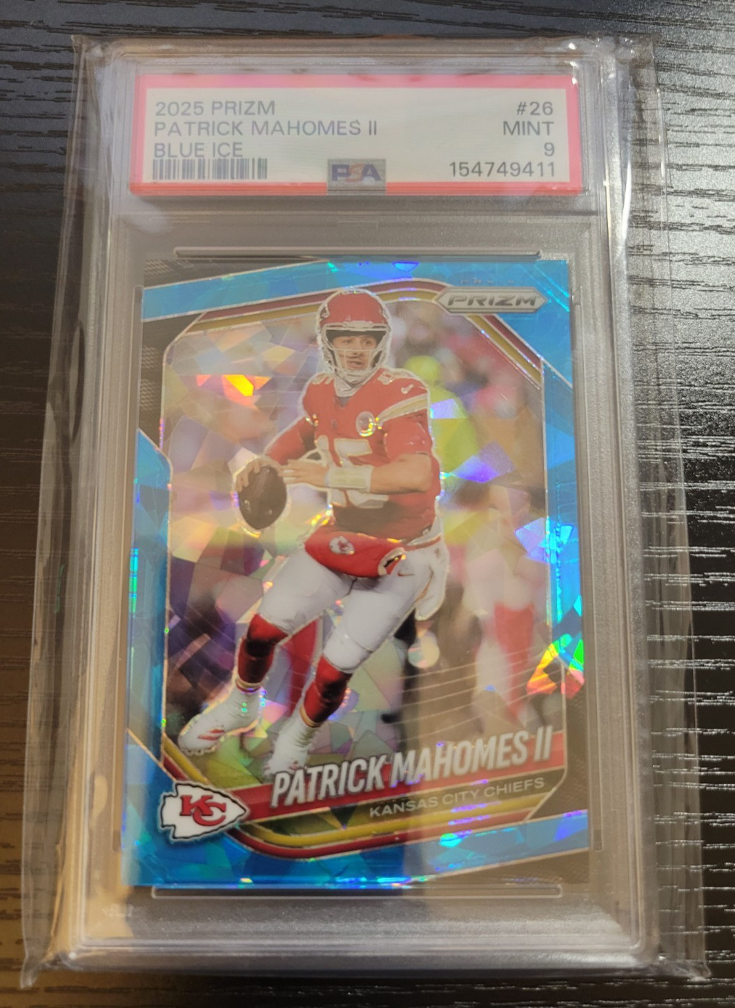 2025 Panini Prizm- Blue Ice Prizm- Patrick Mahomes II   # 26   SN 14/ 99   PSA 9 view 2