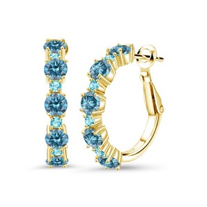 Authentic 18K Yellow Gold Plated Silver Blue Lab Grown Diamond and Swiss Blue Topaz Hoop
