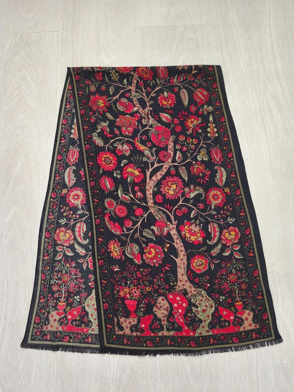 Vintage Italian Wool Silk Scarf Tree of Life Pattern Fringe Etro Style Boho